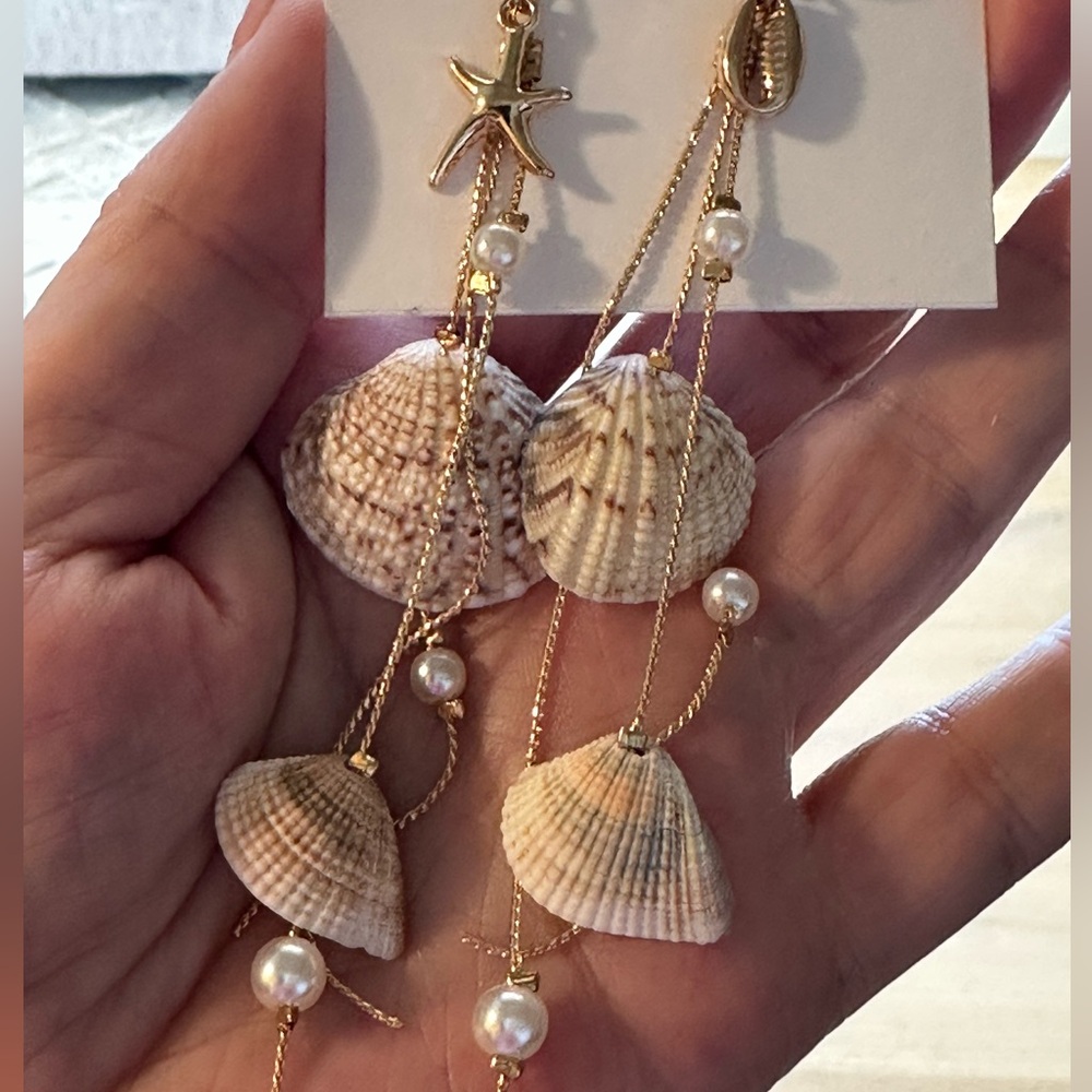 Elegant Gold chain and pearl, Star , Shell Dangle Earrings